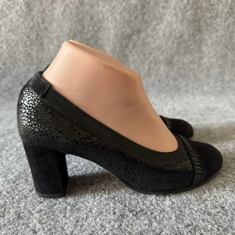 ANYI LU Black Textured Leather Slip-On Block Heel Pump Ribbon Animal Print 7